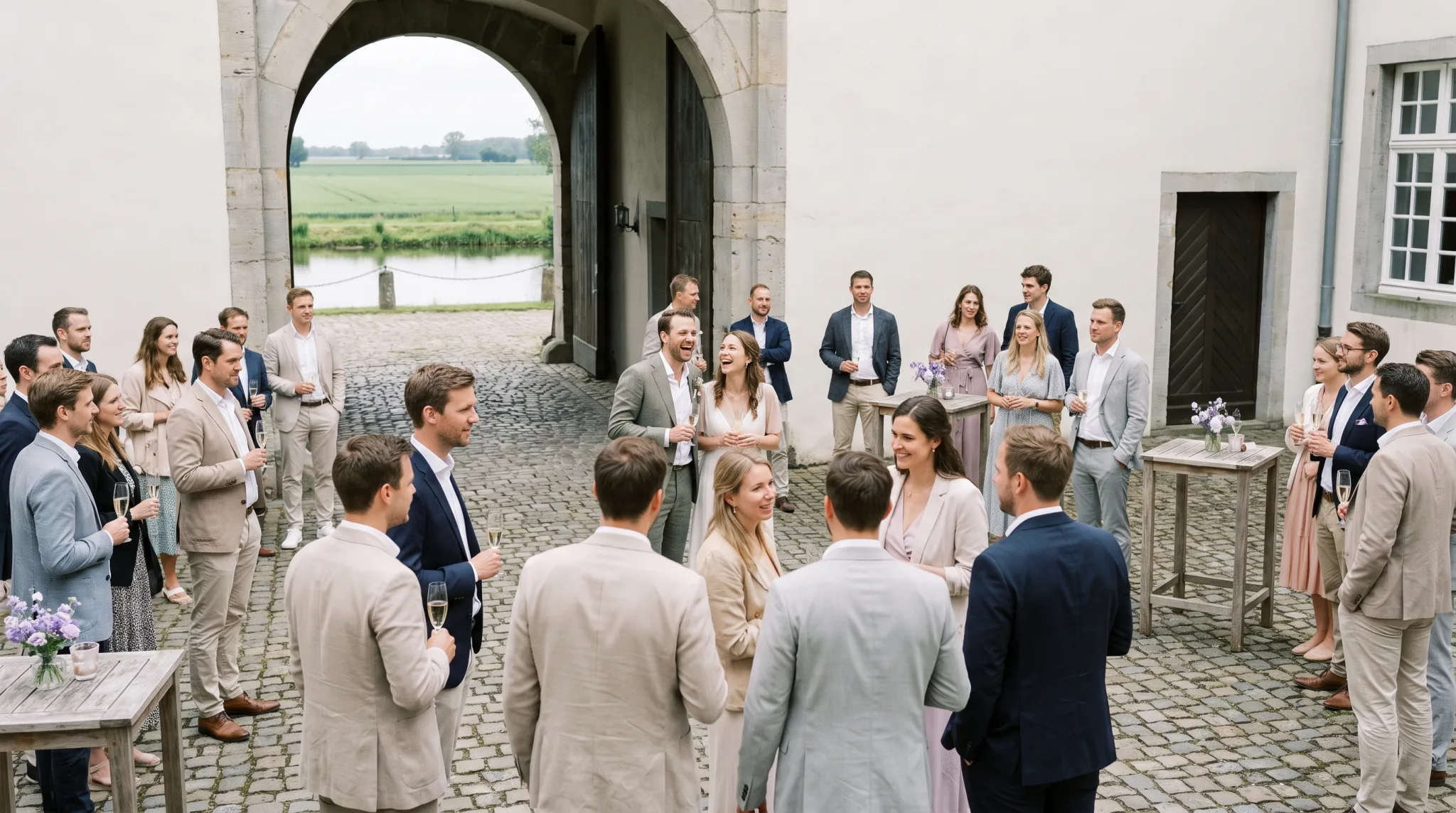 Sektempfang im Innenhof einer Wasserburg im Kölner Umland