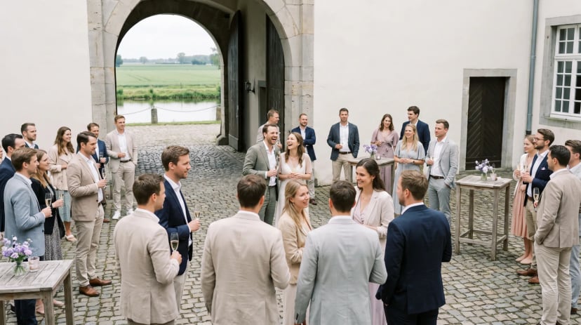 Sektempfang im Innenhof einer Wasserburg im Kölner Umland