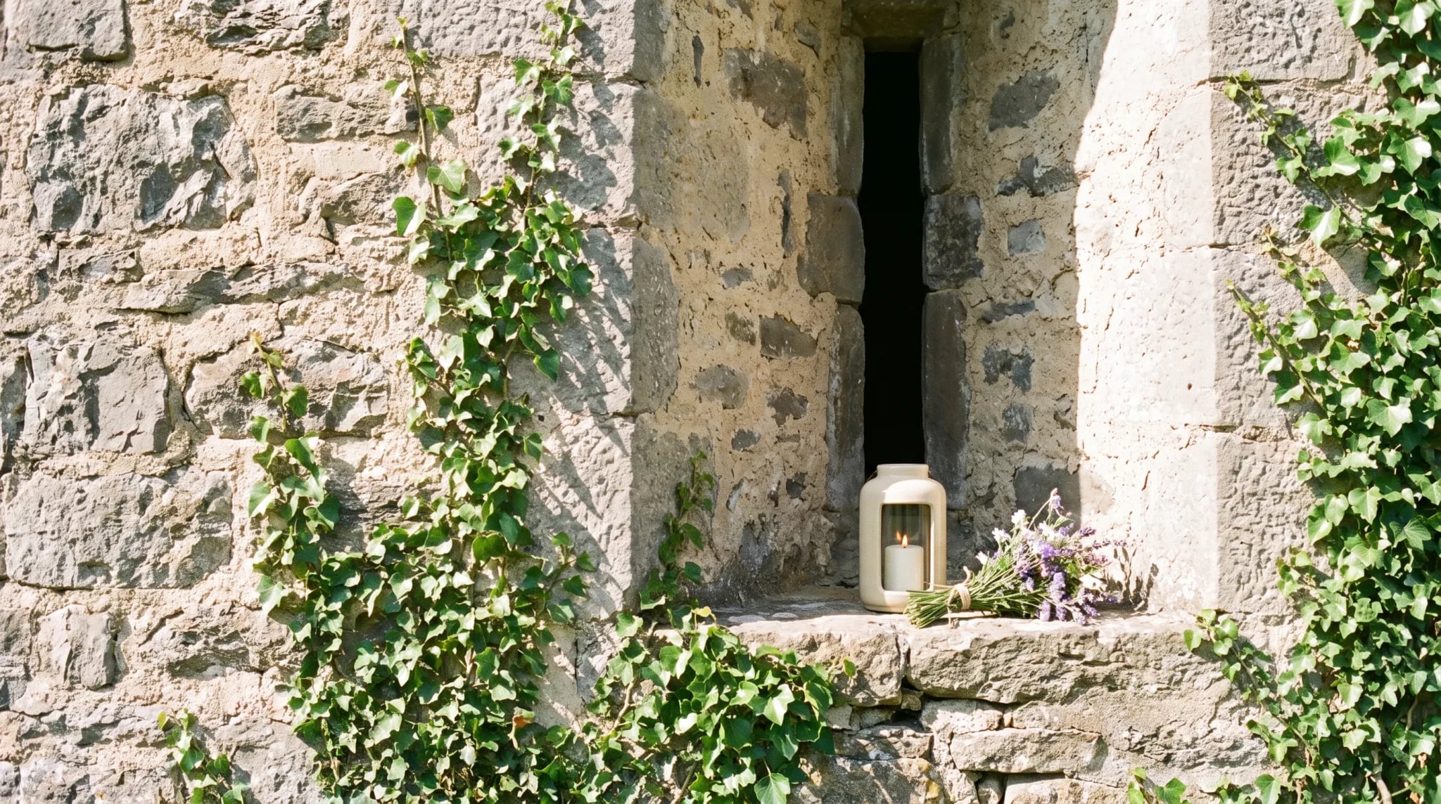 Bruchsteinmauer einer Burgruine im Siegtal mit Efeu und schmalem Fenster