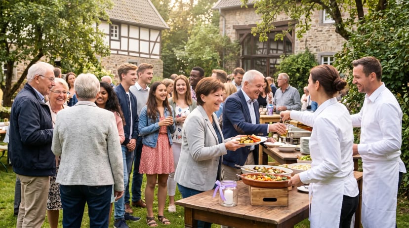 Catering Bergisch Gladbach: Gäste verschiedener Generationen sitzen lachend an einem langen Holztisch im Freien.