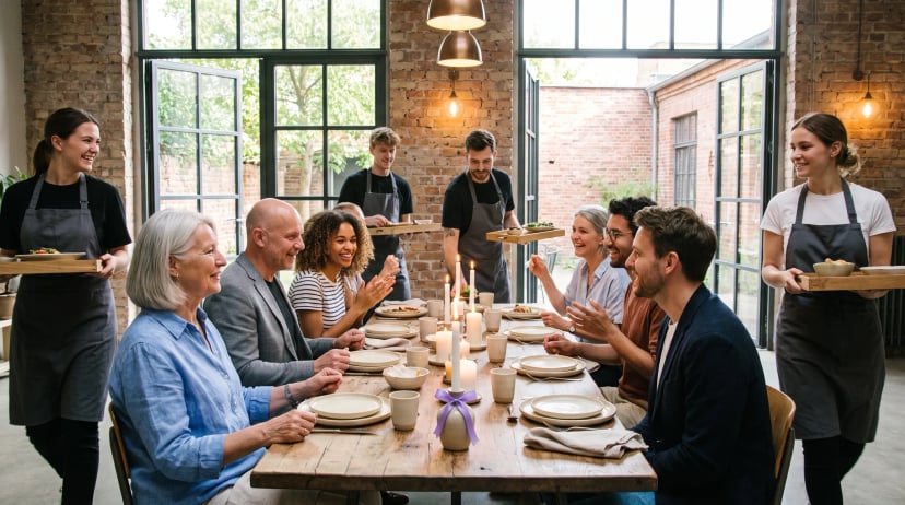 Catering Berlin: Profikoch in weißer Jacke präsentiert dampfende Platten an lachende Gäste in einem hellen Berliner Loft-Veranstaltungsraum.