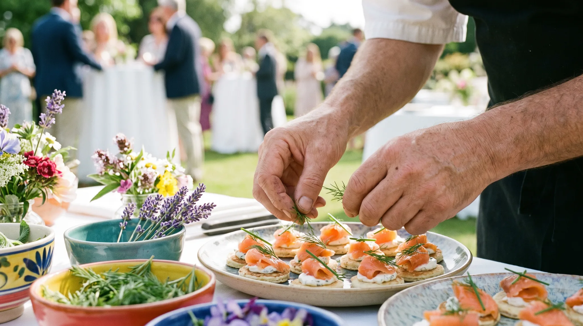 Caterer garniert Canapés für eine Feier in Bonn