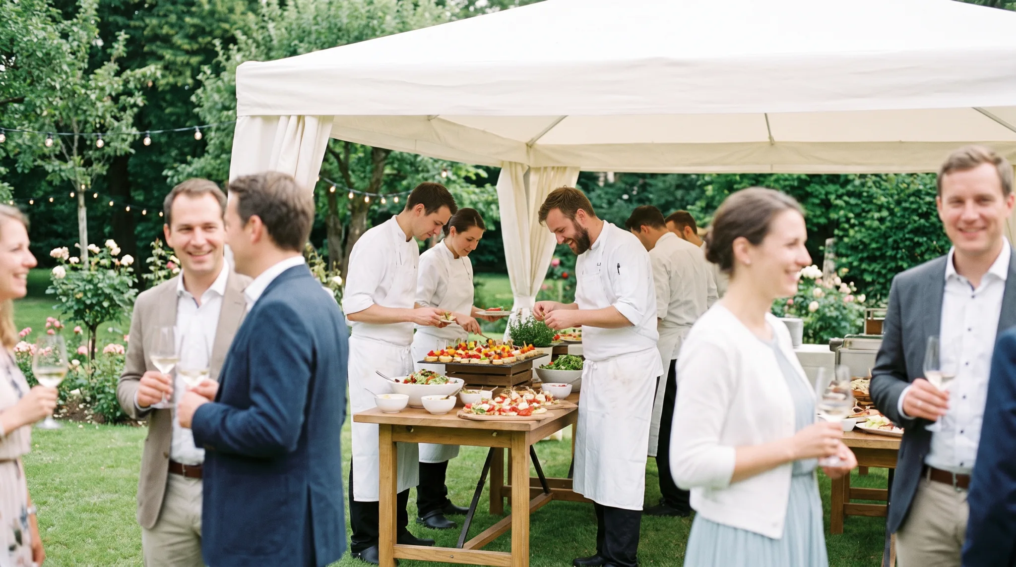 Catering-Team richtet Buffet bei einer Gartenfeier in Bonn an