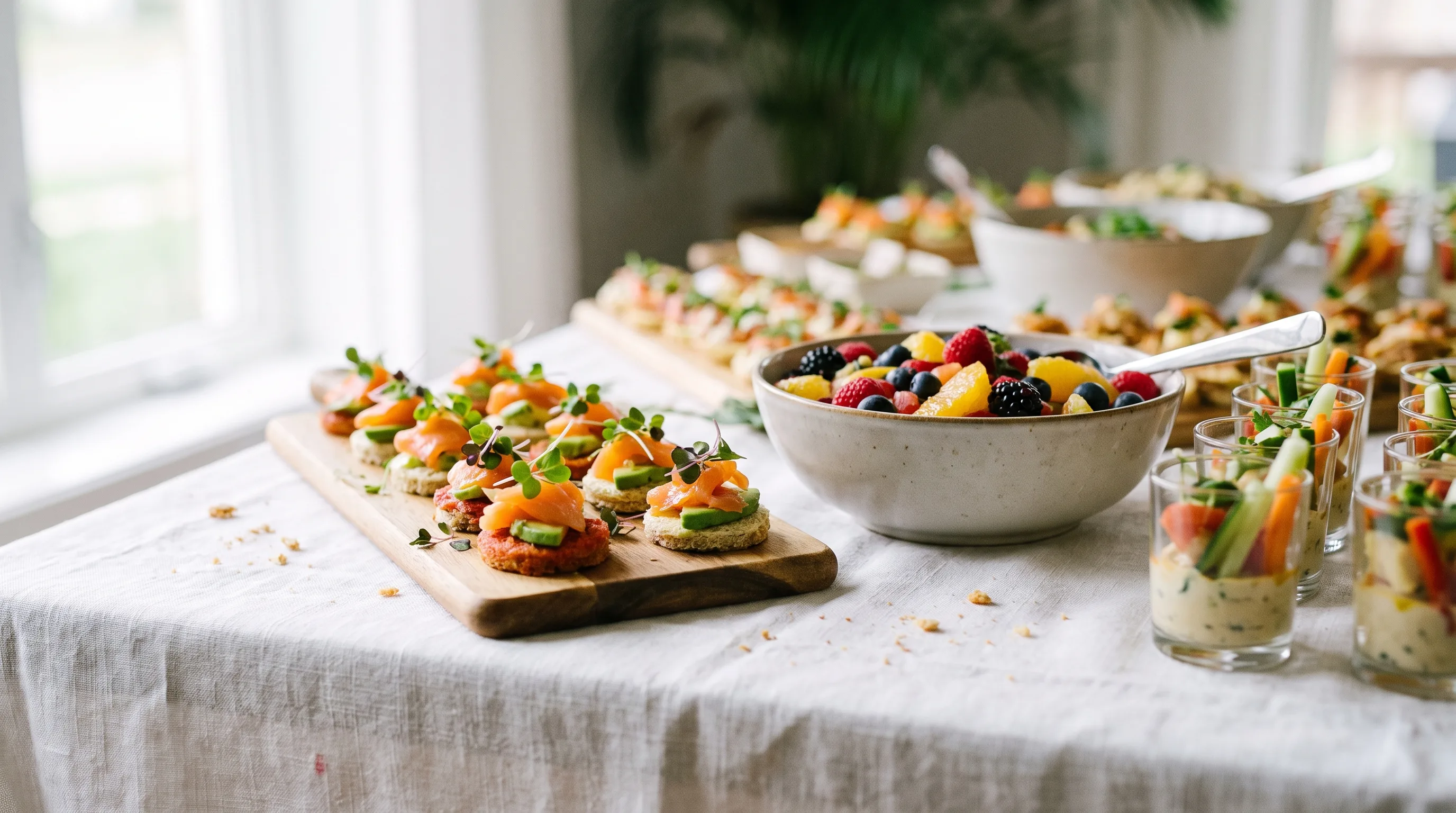 Eingedeckte Buffet-Strecke mit Fingerfood und Canapés, Beispiel für Event-Catering