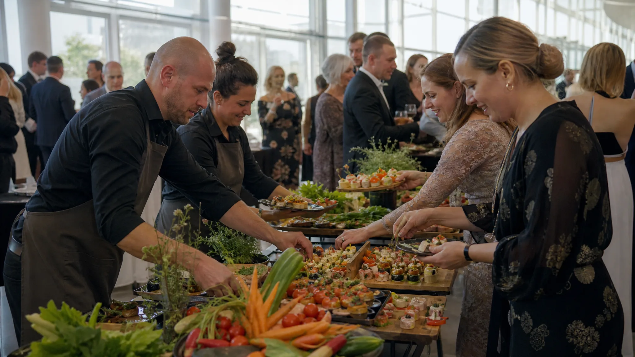 Catering-Team richtet ein Flying Buffet an, während Gäste zugreifen, Beispiel für Catering bei einem Event