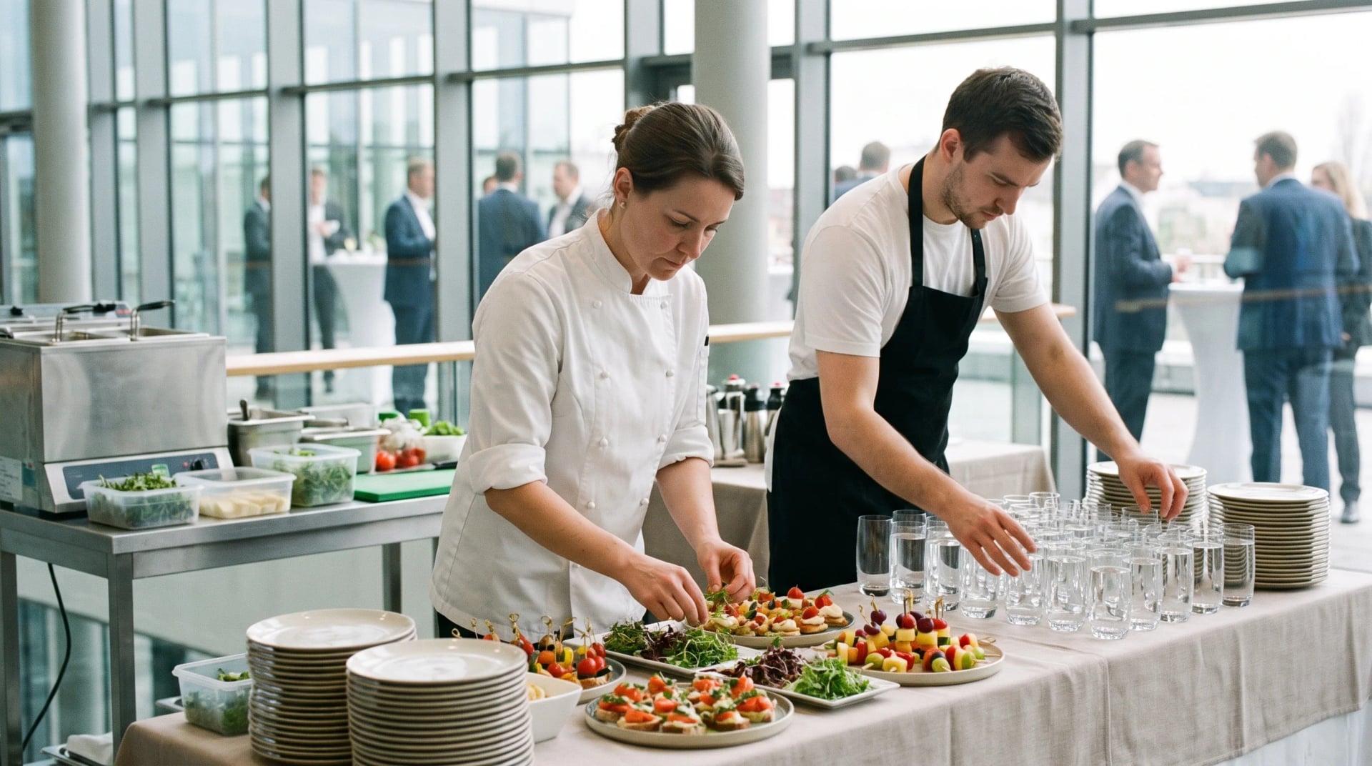 Catering in Düsseldorf: Küchenteam und Service bereiten ein Business-Buffet vor
