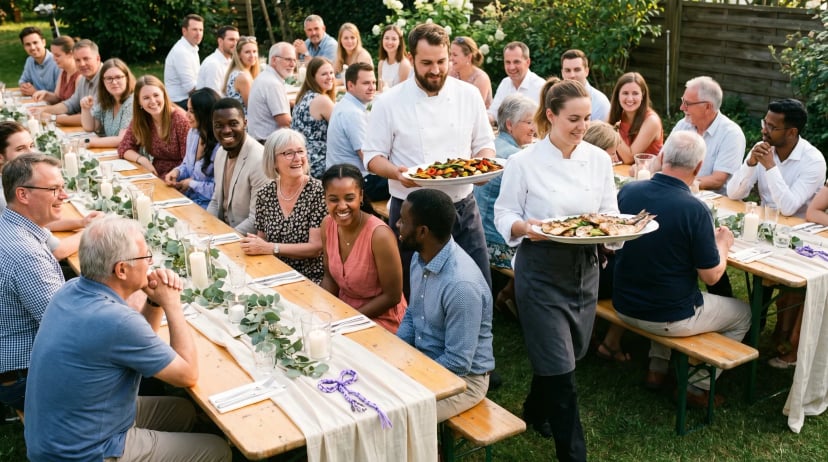 Catering Frechen: Professioneller Koch schöpft Speisen an einem Buffet, Gäste füllen ihre Teller im sonnigen Außenbereich