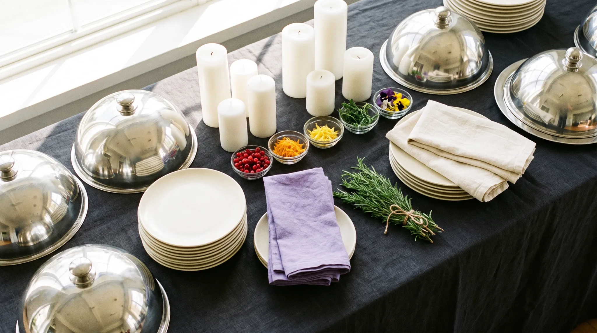 Catering in Geilenkirchen: Flat-Lay mit weißem Keramikteller, Charcuterie, Trauben, Weichkäse und Rosmarinzweigen.