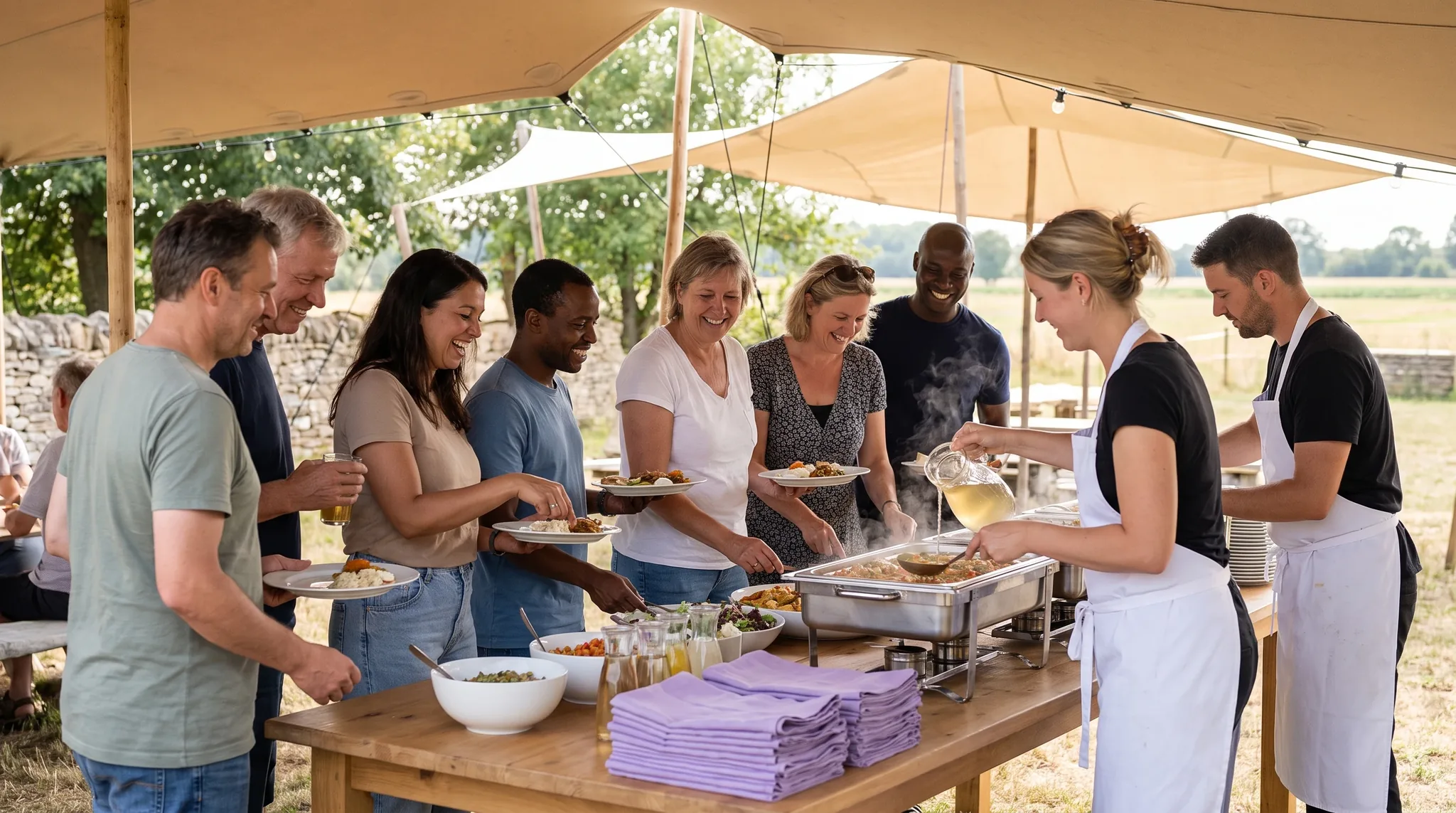 Catering Geilenkirchen: Gäste unterschiedlicher Altersgruppen stehen an gedeckten Tischen im Freien.