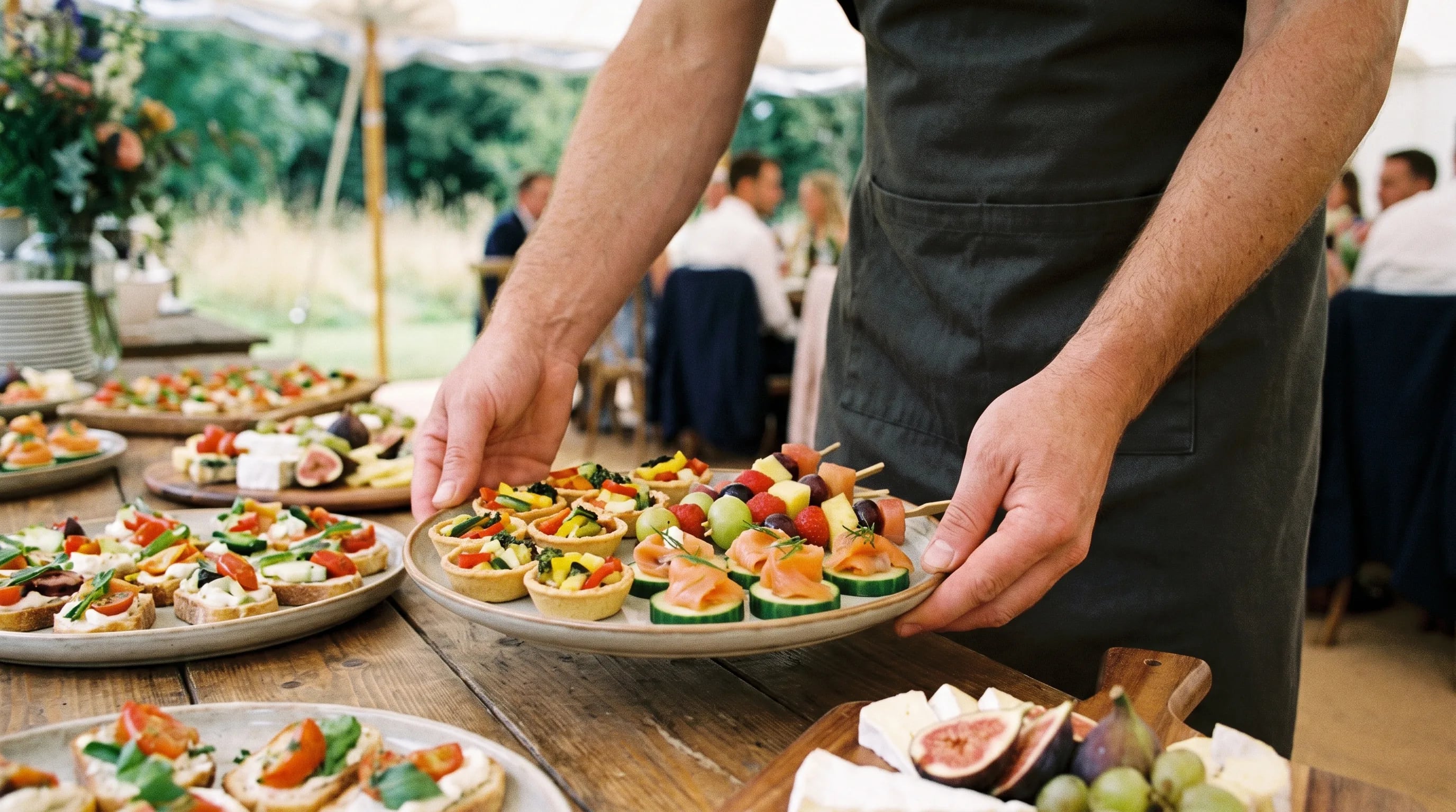 Canapé-Platten werden auf einem Kölner Event-Buffet platziert