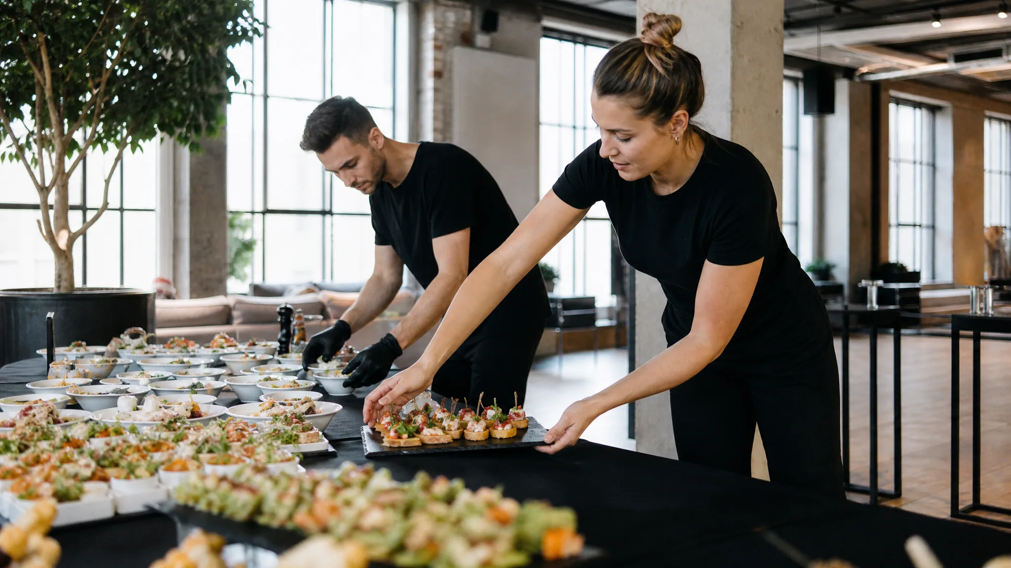 Catering-Team richtet Fingerfood-Buffet in einer Kölner Event-Location an