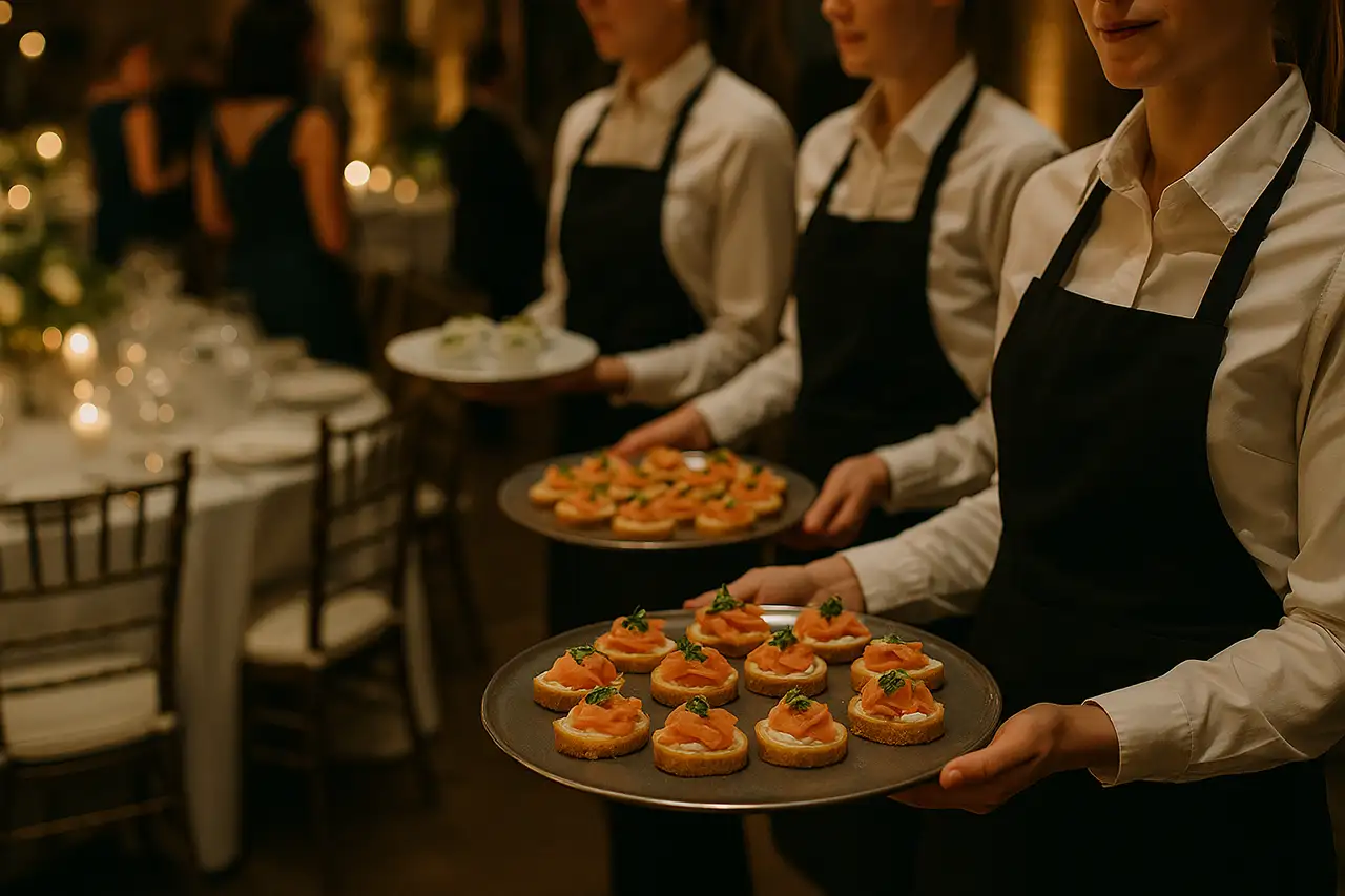 Liebevoll dekorierter Tisch mit frischem Buffet und Torte als Beispiel für Catering Königswinter