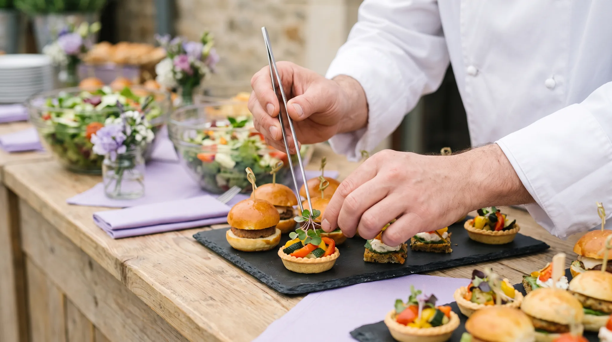 Caterer richtet Canapés und Fingerfood auf Schieferplatten an
