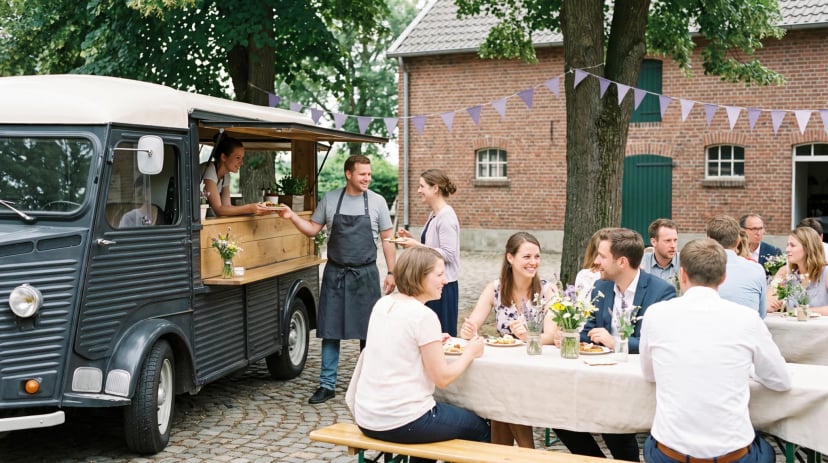 Foodtruck-Catering bei einer Gartenfeier auf einem Backsteinhof bei Korschenbroich