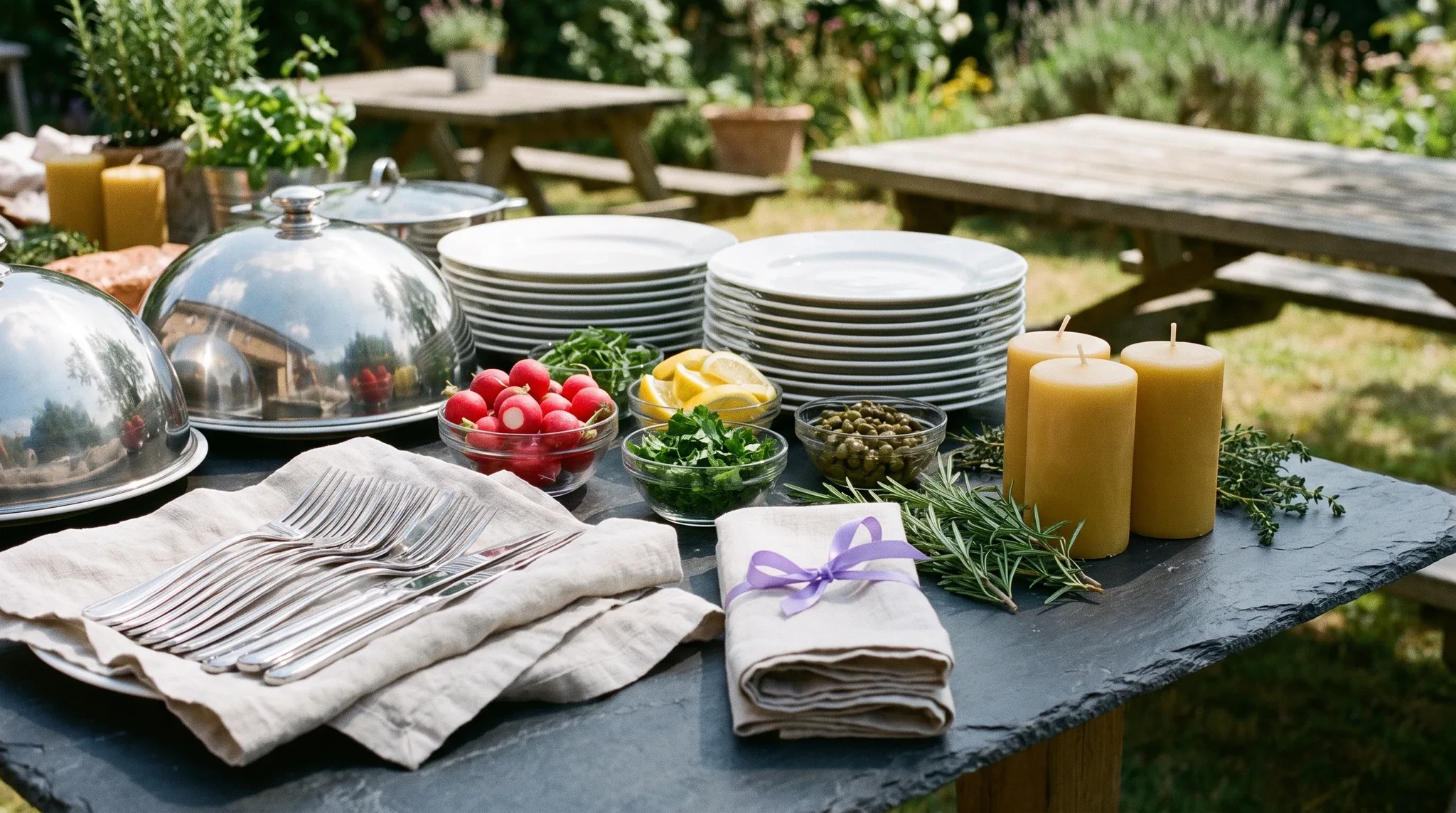 Polierte Servierplatten und weiße Porzellanschalen mit bunten Antipasti auf Schieferstein, angerichtet für Catering in Troisdorf bei einer gepflegten.