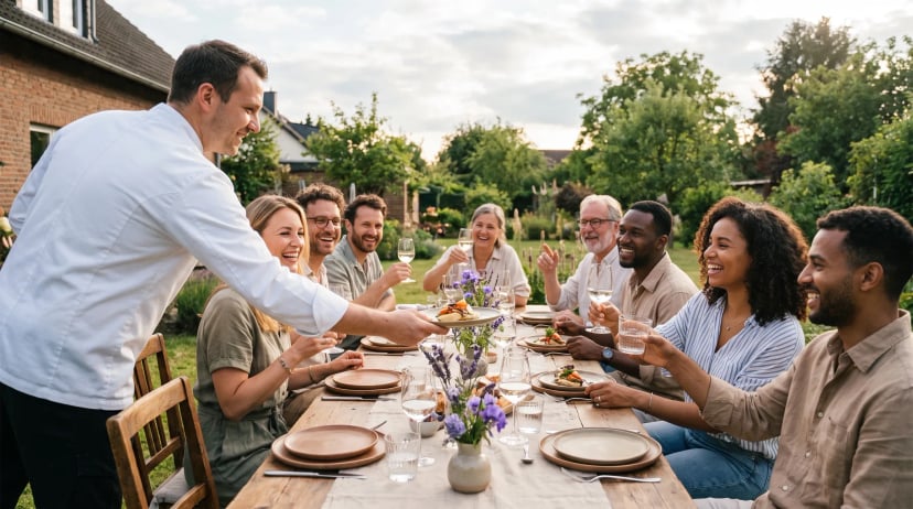 Gäste genießen Catering in Troisdorf bei einem sommerlichen Outdoor-Event, ein Koch in weißer Uniform reicht Fingerfood-Häppchen vom Buffet.