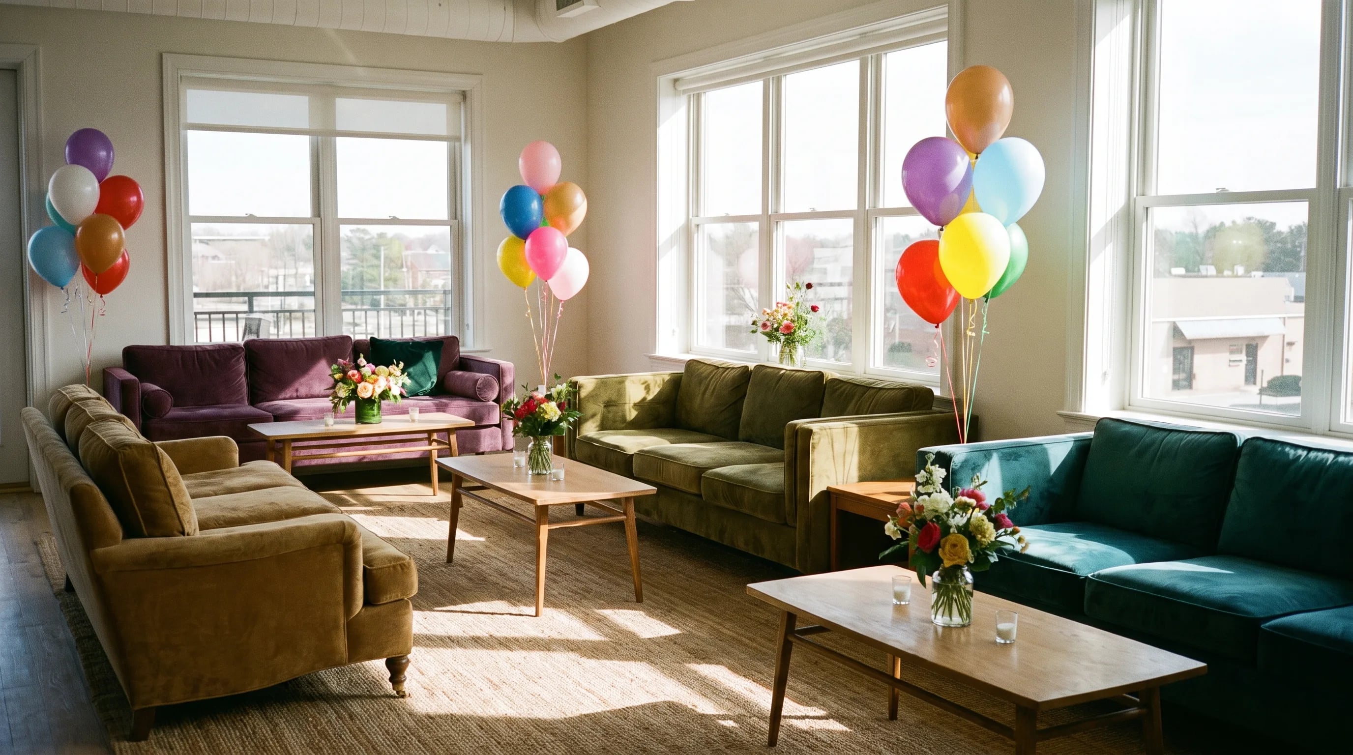 Club-Loungebereich mit Samt-Sitzecken und Ballons vor einer privaten Feier