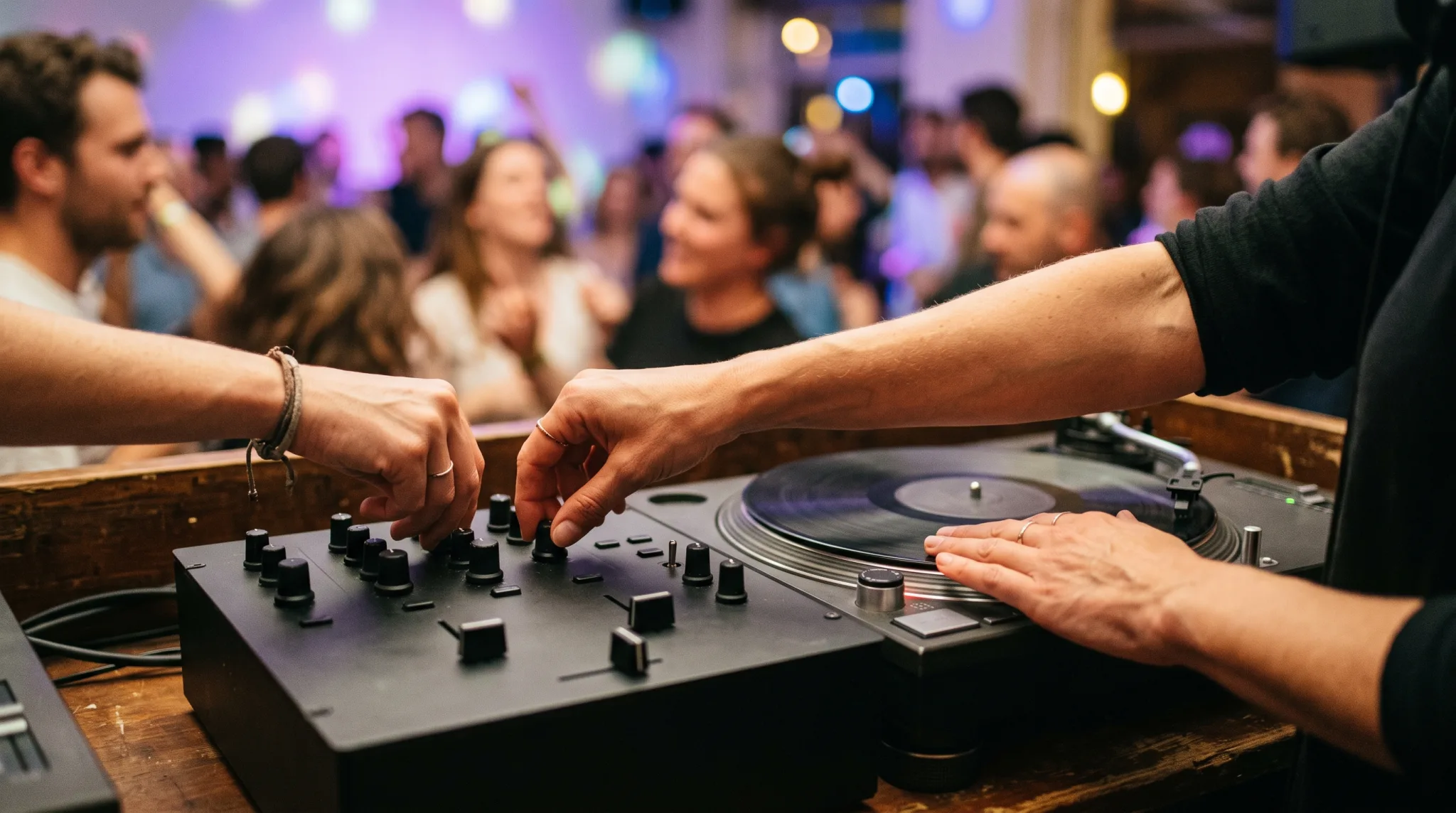 Hände eines DJs am Pult mit Lichtdetails