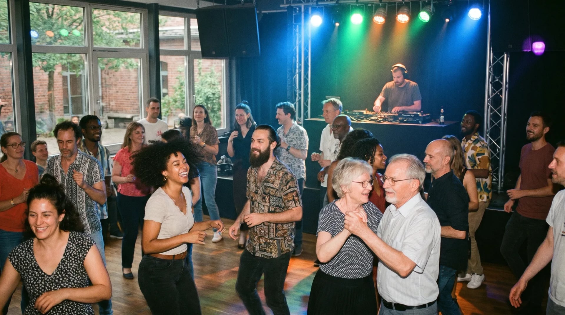 Feiernde Gruppe auf einer vollen Tanzfläche beim Club mieten in Stuttgart unter farbigem Bühnenlicht