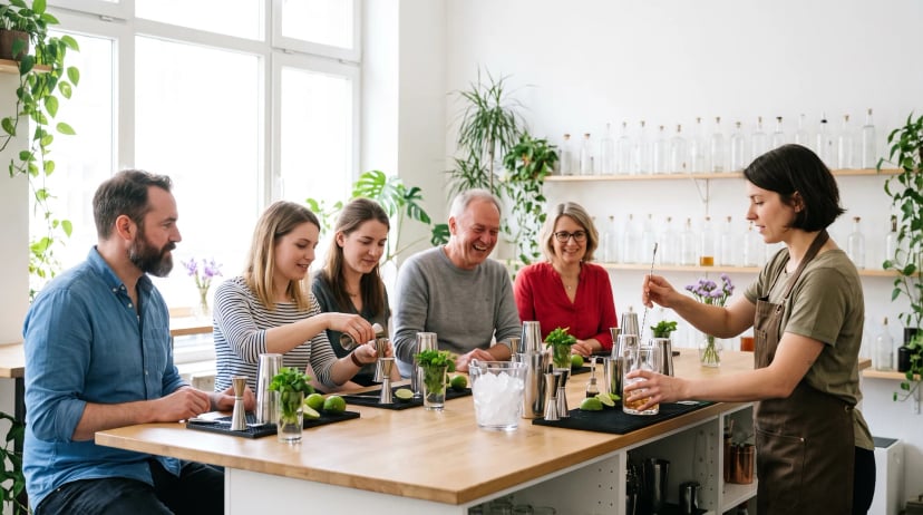 Cocktailkurs in einer hellen Bar am Nachmittag: Eine Barkeeperin in brauner Schürze rührt mit einem langen Barlöffel einen Drink im Rührglas, fünf Erwachsene sitzen am Tresen mit Shakern, Messbechern, Limetten und Minze