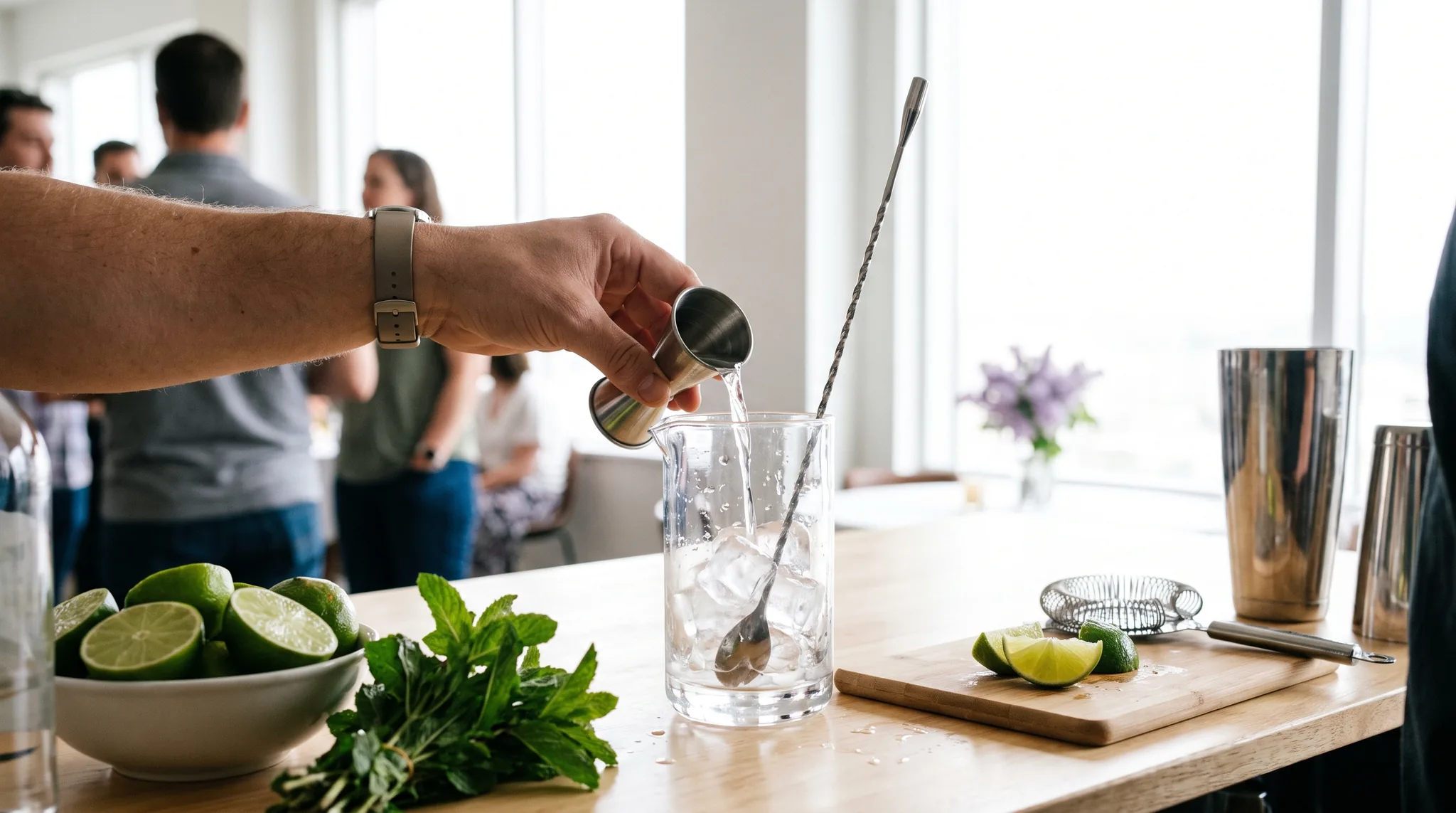 Eine Hand gießt aus einem Messbecher in ein Rührglas mit Eis und Barlöffel, daneben Limettenhälften, frische Minze, ein Barsieb und ein Shaker auf einer hellen Holztheke