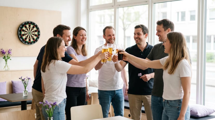 Freundesgruppe spielt Dart in einer Dartbar in Bonn