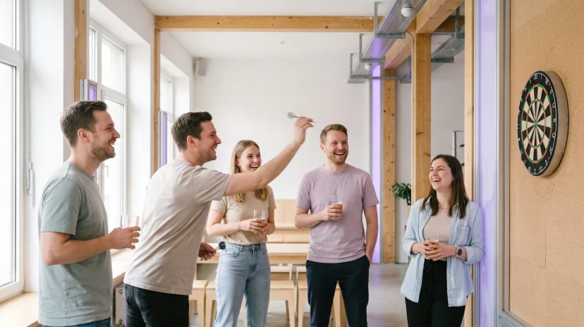 Freundesgruppe spielt Dart in einer Bar in Düsseldorf