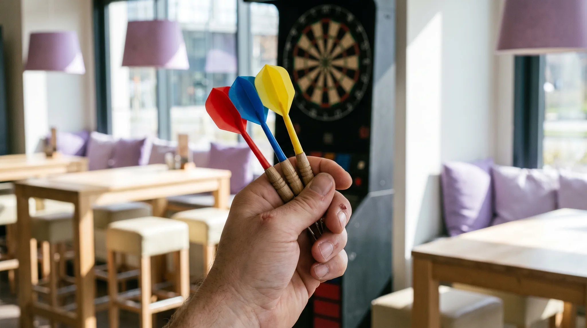 Drei Darts nahe dem Bullseye einer Dartscheibe in einer Dart-Bar in Köln