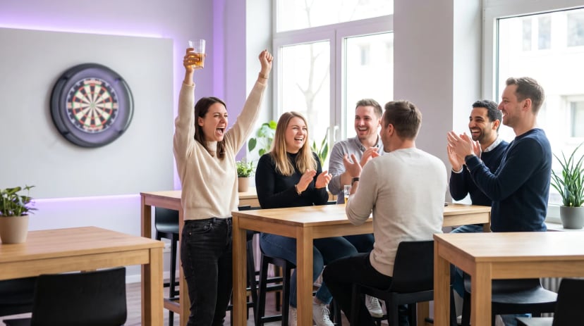 Freundesgruppe spielt Dart in einer gemütlichen Bar in Köln