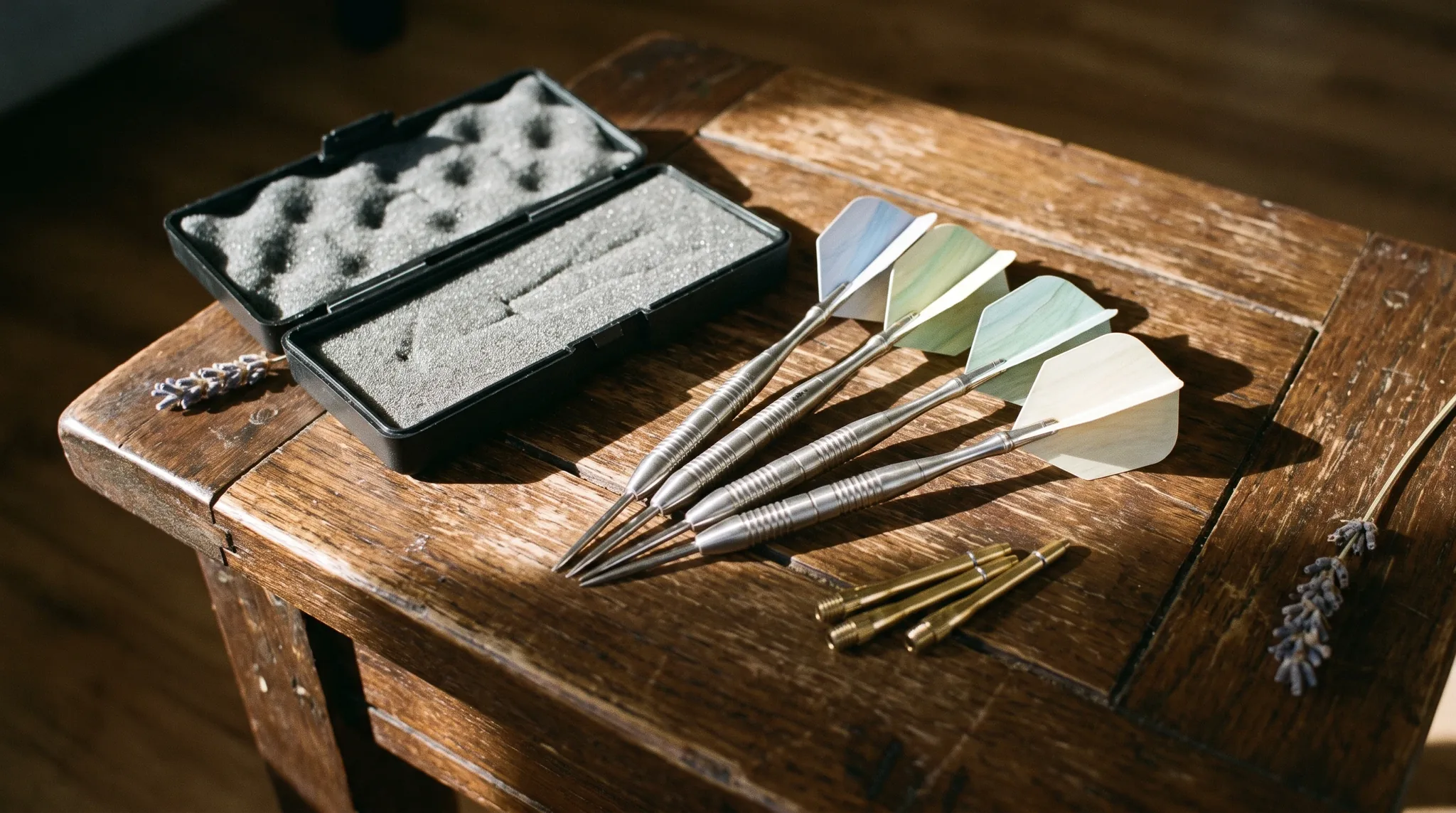 Dart in Troisdorf: Steeldarts mit bunten Flights auf dunklem Untergrund, daneben Zubehörbox und Ersatzteile.
