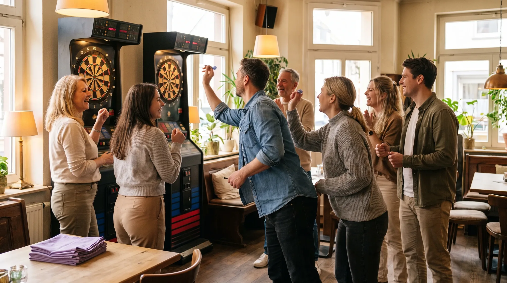 Dart Troisdorf: Gruppe von Erwachsenen lacht und feuert sich gegenseitig an einem Dartboard mit warmem Licht an.