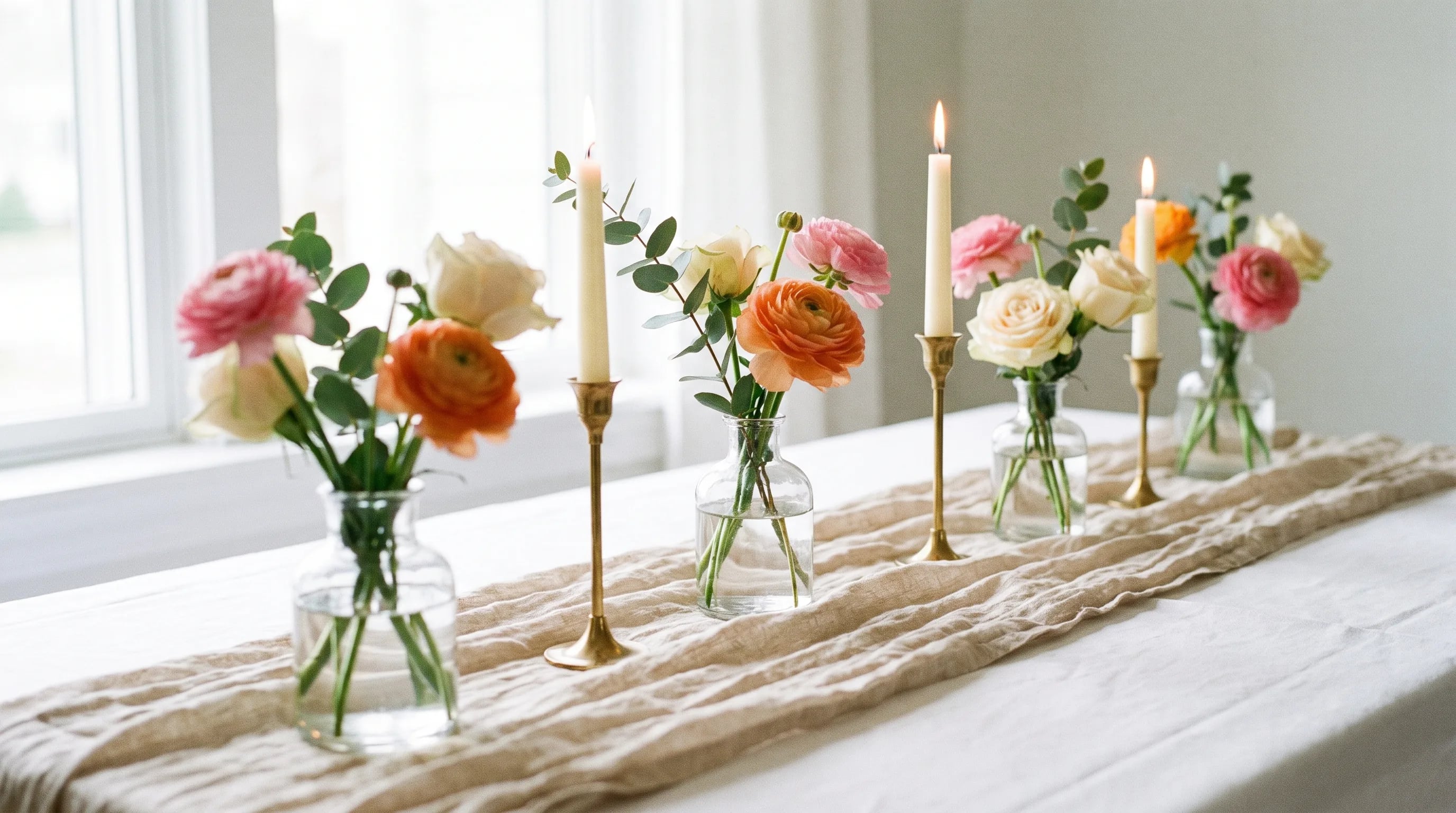Elegante Tischdekoration mit Vasen, Ranunkeln und Messing-Kerzenständern auf einem Leinen-Tischläufer