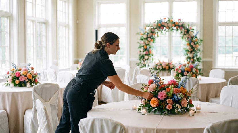 Eventdekoration im Hochzeitssaal: Dekorateurin arrangiert ein buntes Blumengesteck auf festlich gedeckter Tafel