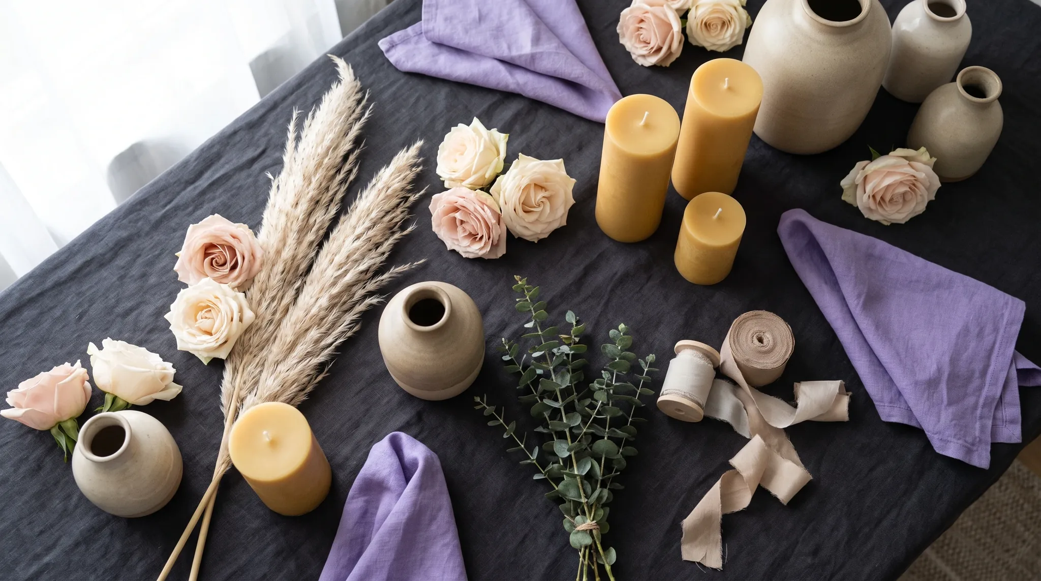 Eventdekoration in Langenfeld: Stillleben mit Gartenrosen, Eukalyptus, Kerzen in verschiedenen Höhen, Goldhaltern und Organzaband auf Leinenstoff.