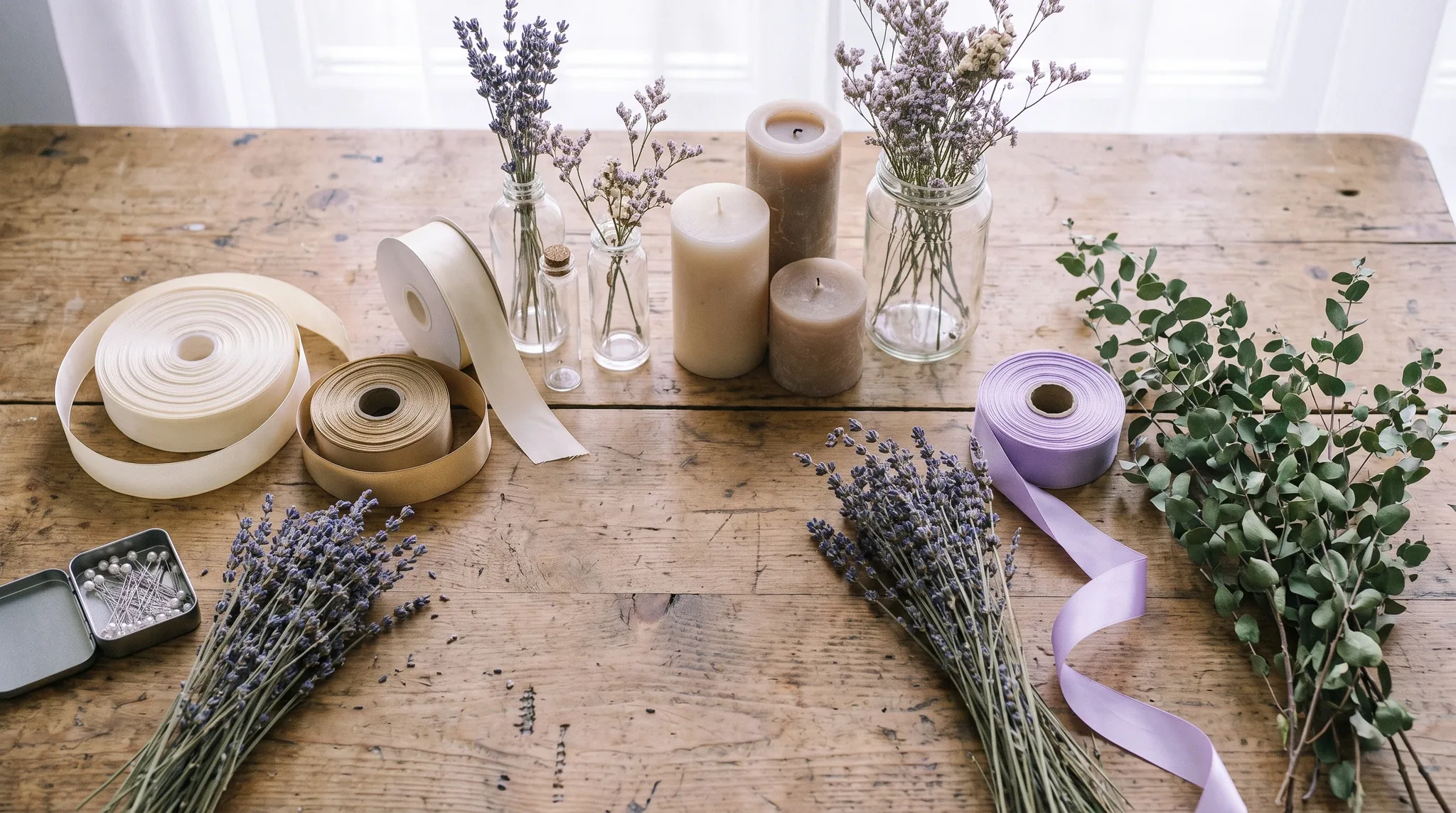 Eventdekoration in Lohmar: Vasen, Kerzen, Tischläufer und Seidenblumen als Flat-Lay auf rustikalem Holz, weiches Tageslicht