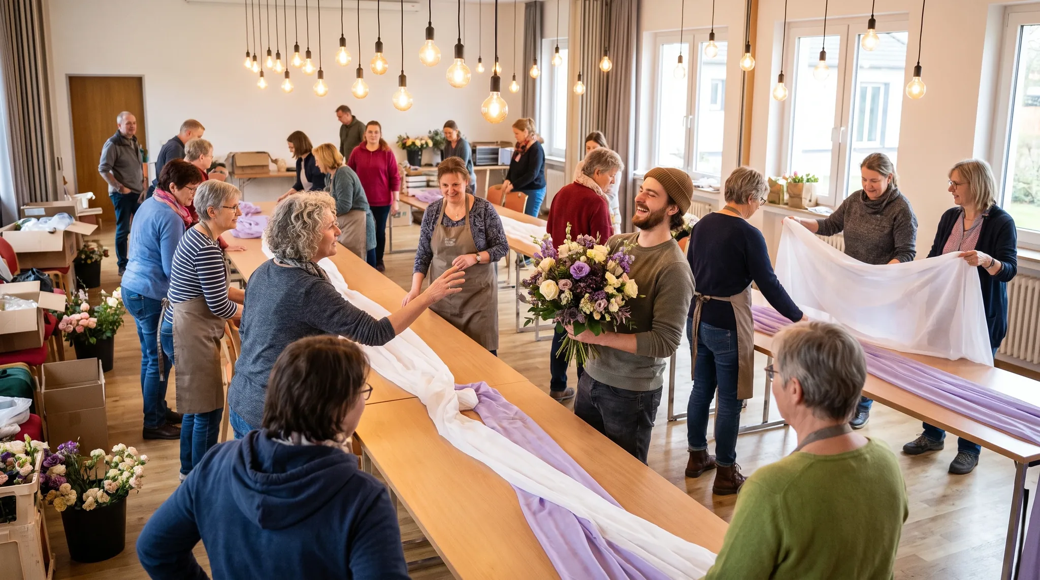 Eventdekoration Lohmar: Gäste stehen an festlich dekorierten Banketttischen, Floralgestecke werden arrangiert, warmes Licht, lebendige Feieratmosphäre