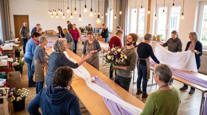 Eventdekoration Lohmar: Gäste stehen an festlich dekorierten Banketttischen, Floralgestecke werden arrangiert, warmes Licht, lebendige Feieratmosphäre