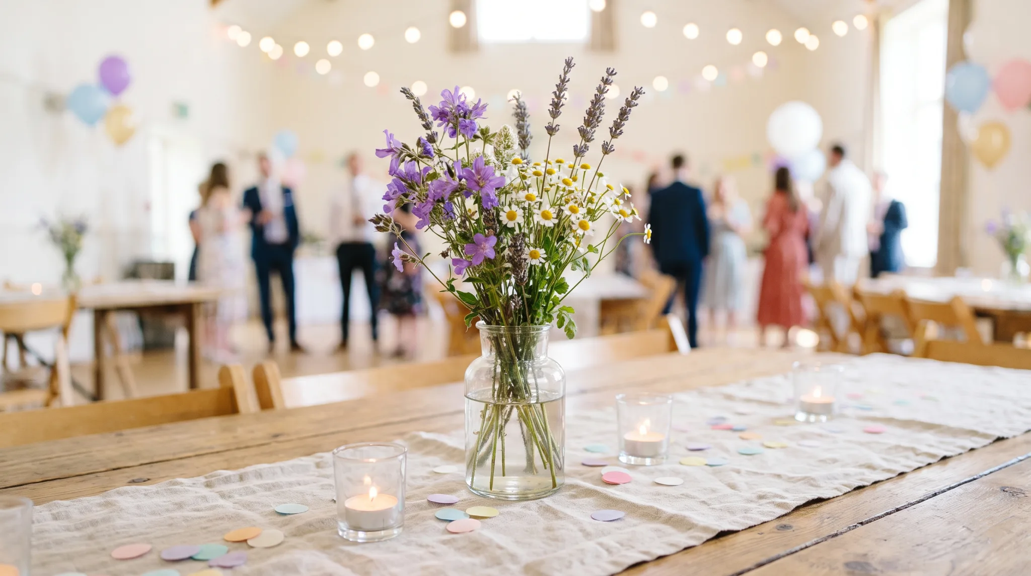 Dekokonzept mit Blumen und Kerzen für ein Event in Siegburg