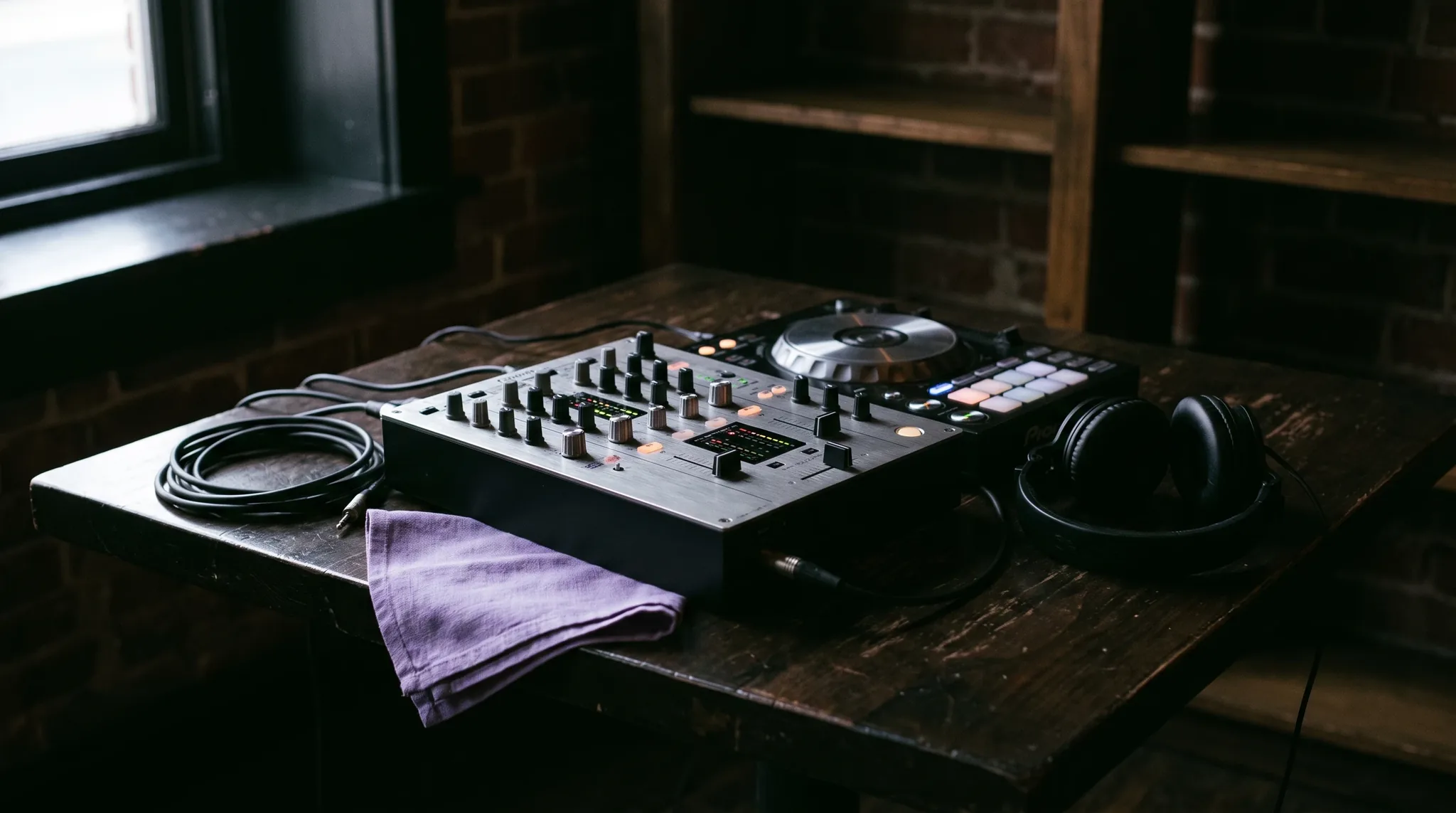 DJ in Bergisch Gladbach: Nahaufnahme von Plattenspieler, Mischpult mit leuchtenden Reglern, Audiokabeln und professionellen Over-Ear-Kopfhörern auf dunkler.