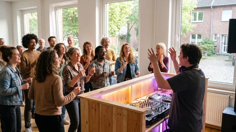 DJ Bergisch Gladbach: DJ mit Kopfhörern hinter Controller und Mischpult, während Gäste verschiedener Generationen unter farbigem Bühnenlicht tanzen und feiern.