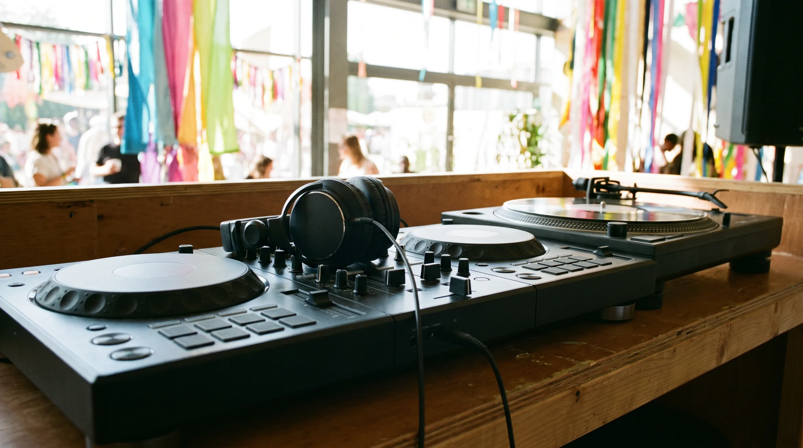 Logofreies DJ-Equipment mit Controller, Kopfhörern und Plattenspieler