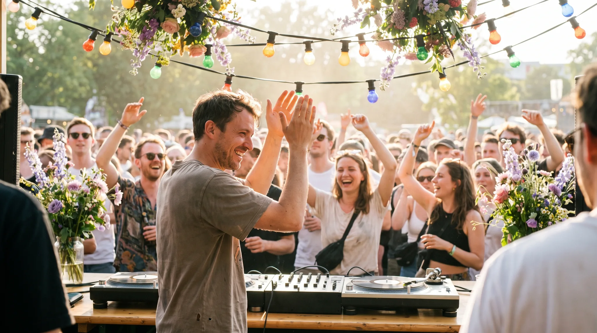 DJ bei einer festlichen Open-Air-Party mit tanzenden Gästen in Düsseldorf