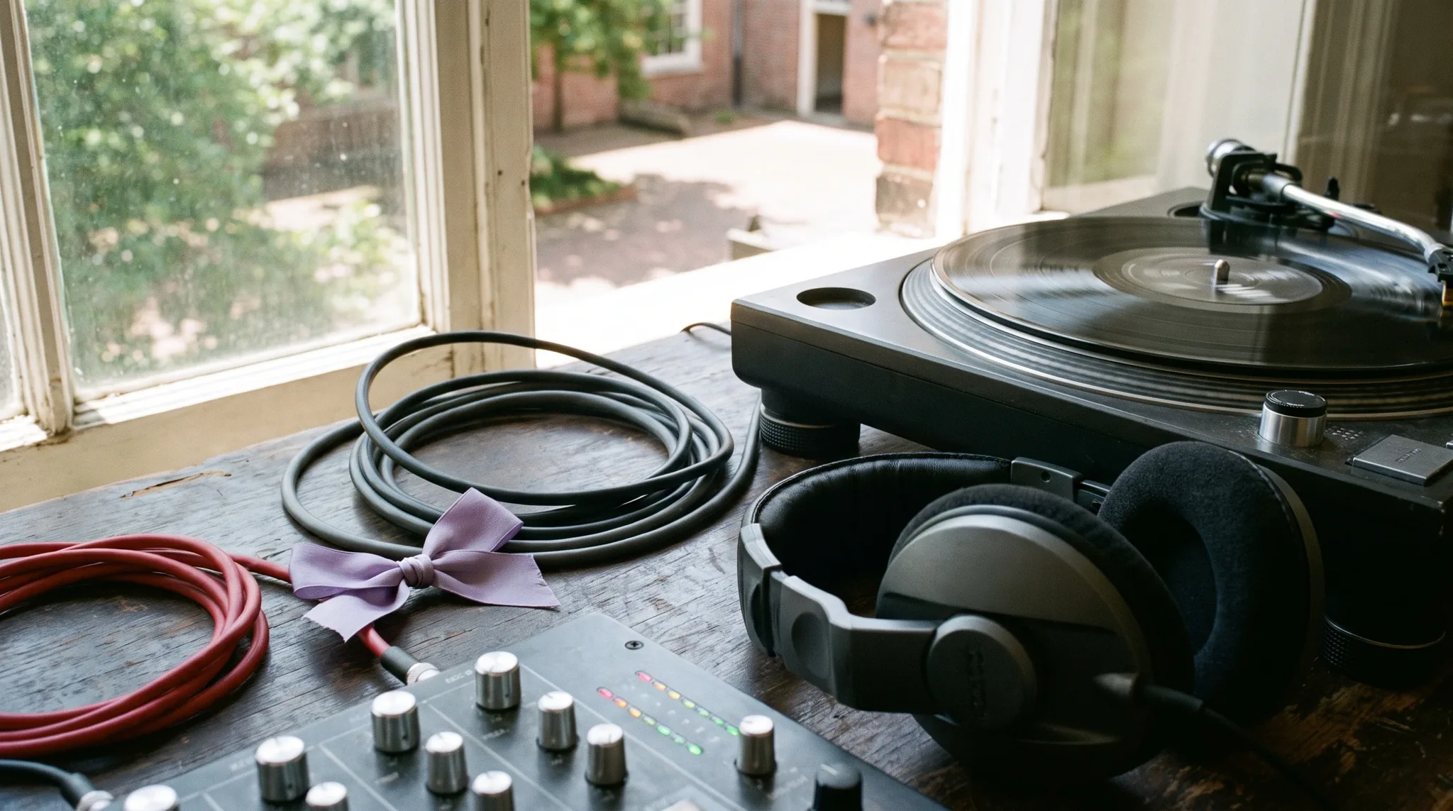 DJ in Korschenbroich: Kopfhörer und Mischpult mit beleuchteten Reglern neben zwei Vinylplatten auf dunkler Oberfläche.