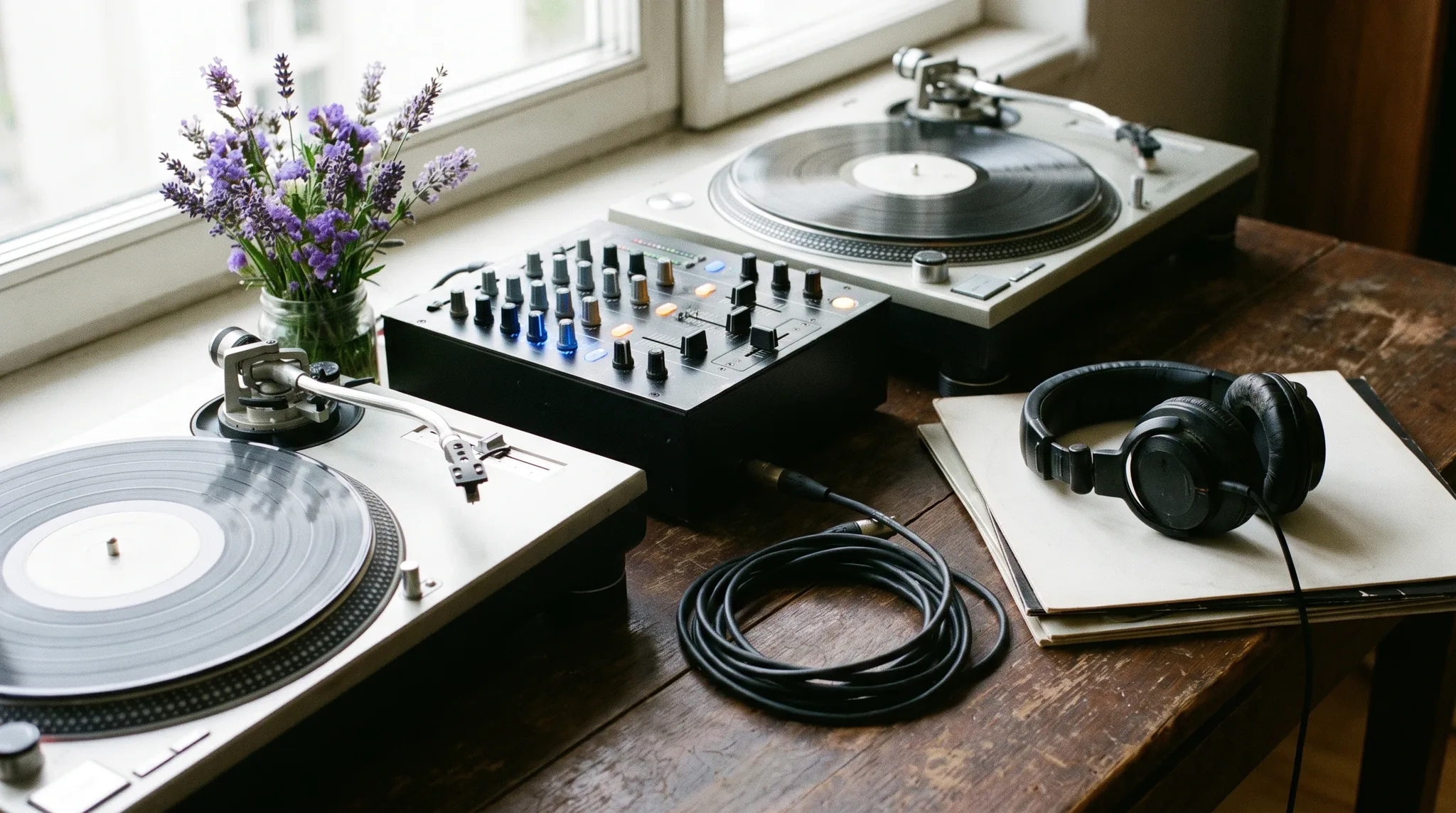 DJ in Pulheim: Nahaufnahme von Kopfhörern auf Vinylplatten, DJ-Mixer mit leuchtenden Reglern und USB-Stick auf dunkler Oberfläche im Scheinwerferlicht.