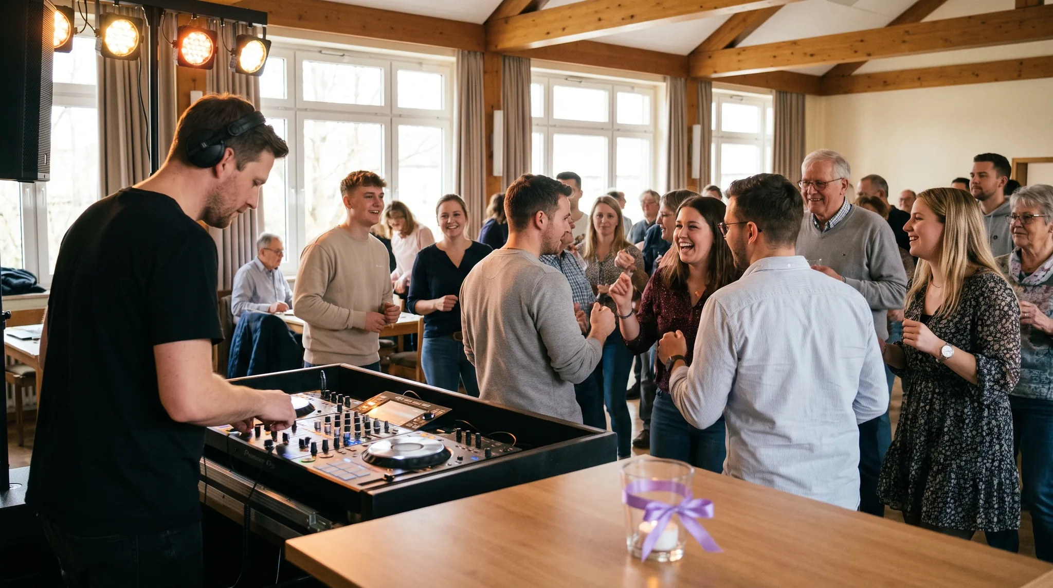 DJ Pulheim: DJ mit Kopfhörern hinter leuchtendem Pult, bunte Bühnenlichter, feiernde Gäste tanzen und lachen auf der Tanzfläche vor ihm.