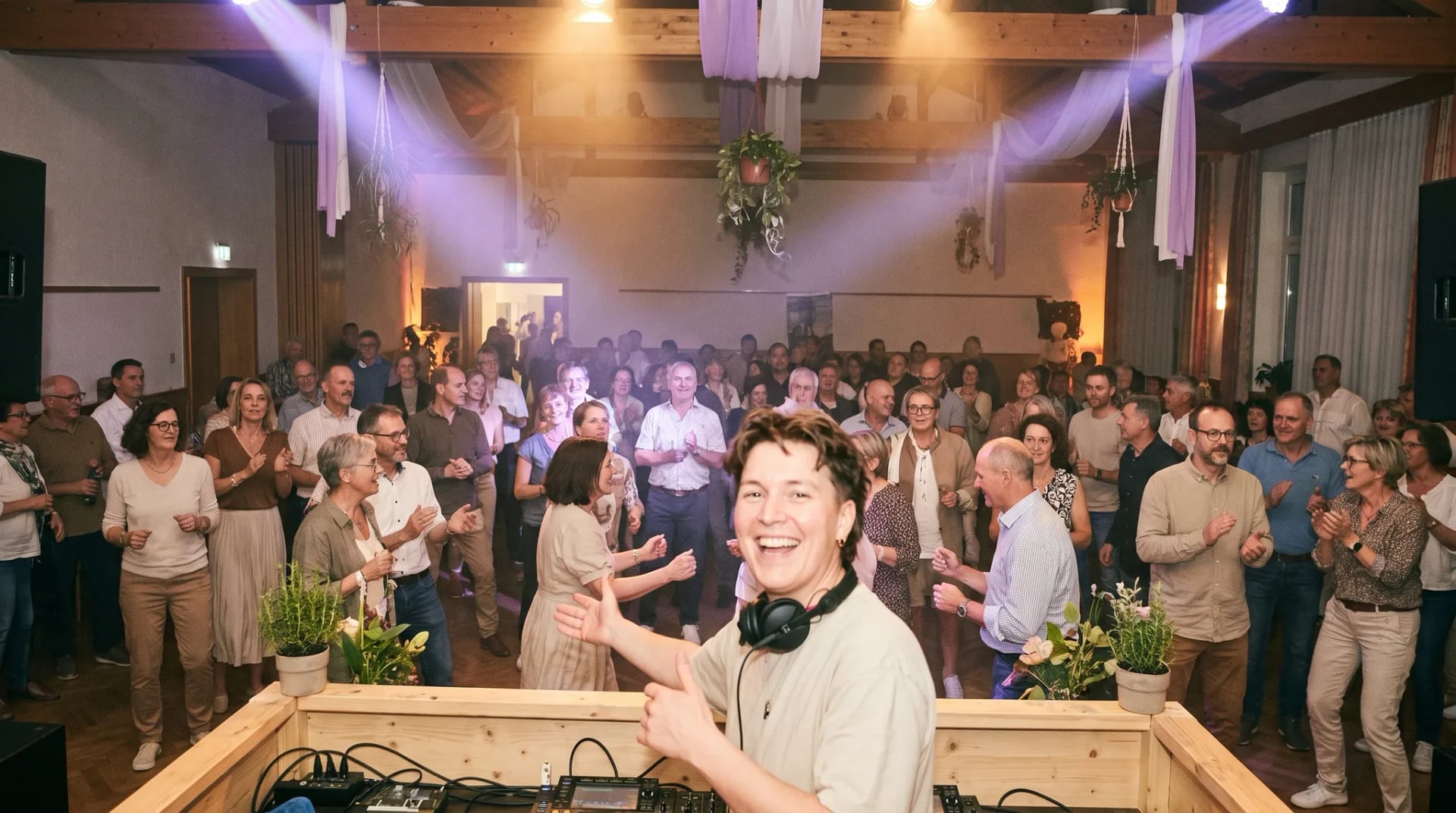 DJ Reichshof: DJ mit Kopfhörern hinter dem Mischpult, Gäste tanzen und lachen vor der Bühne in einem warm beleuchteten Veranstaltungsraum.