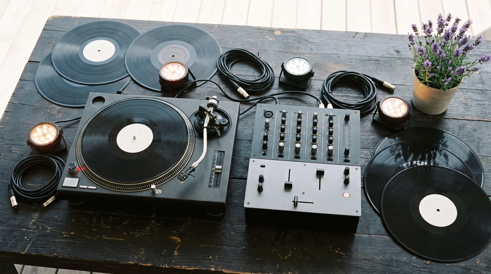 DJ in Rheinbach: Nahaufnahme von Mischpult, Kopfhörer und Turntable auf dunkler Oberfläche mit warmem Seitenlicht