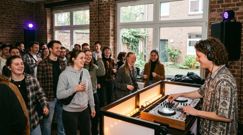 DJ Rösrath: DJ mit Kopfhörern regelt Fader an großem Controller, während Gäste verschiedener Altersgruppen in einem warmen Eventraum tanzen und lachen.