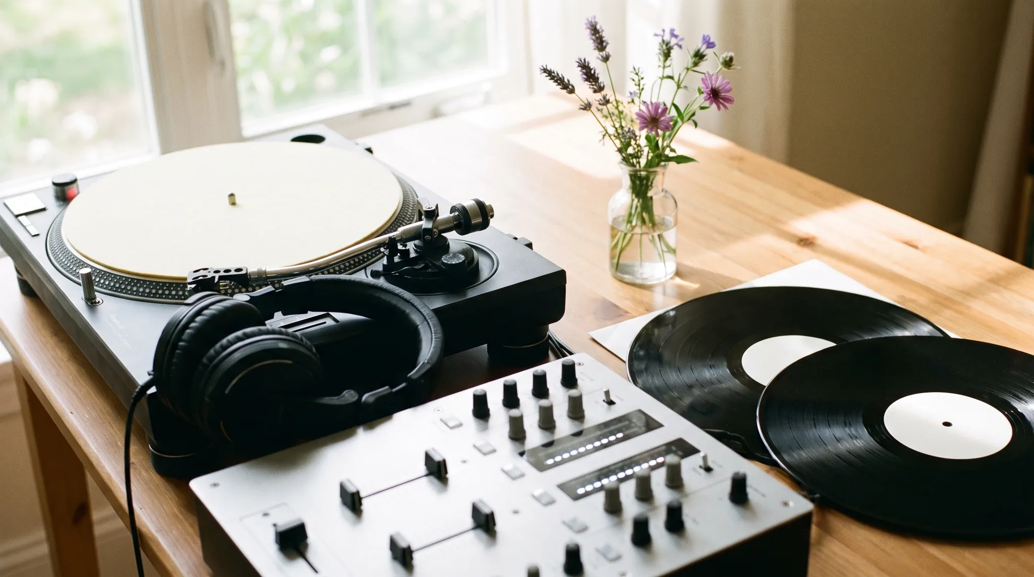 DJ in Troisdorf: Turntables, Mischpult und farbiges Bühnenlicht auf dunkler Fläche, keine Personen