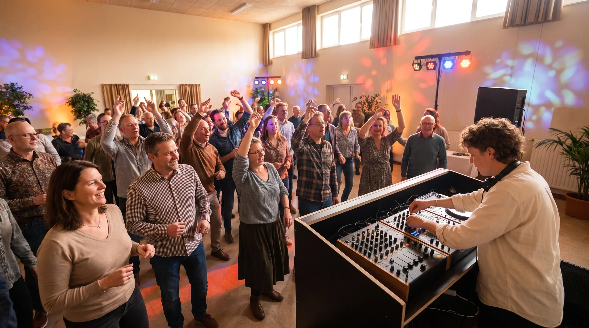 DJ Troisdorf: DJ hinter dem Pult auf kleiner Bühne, Gäste tanzen ausgelassen im warmbeleuchteten Saal